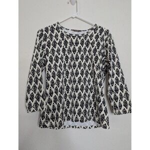 J. McLaughlin Catalina Cloth Black White Diamond Crewneck‎ Top Medium 3/4 Sleeve